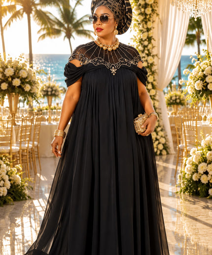 Brown Embellished Cold-Shoulder Kaftan Dress, African Bubu Wedding Guest Attire Celebrant Birthday Cocktail Reception  Dinner Formal Evening Gown
