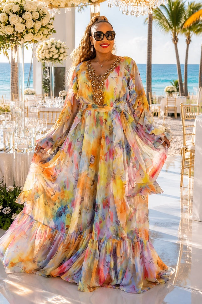 Glamorous Floral Embellished Ruffle Maxi Dress - Wedding Guest Mother of The Bride Birthday Cocktail Party Reception