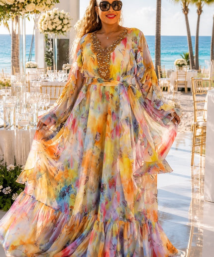 Glamorous Floral Embellished Ruffle Maxi Dress - Wedding Guest Mother of The Bride Birthday Cocktail Party Reception