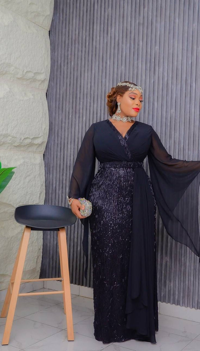 Gold Sequin Draped Maxi Gown | Mother of The Bride Celebration Birthday Party