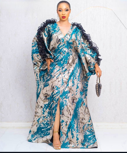 Metallic Blue Brocade Ruffle Sleeve Kaftan Maxi Dress, African Bubu Wedding Guest Attire Engagement Ceremony Birthday Dinner