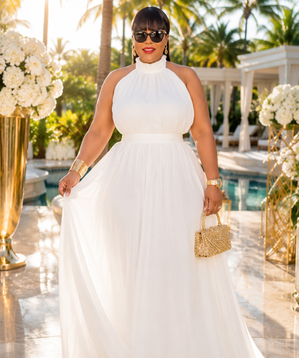 White Halter Neck Maxi Dress for Wedding Guest Birthday Cocktail Reception All White Party Outfit