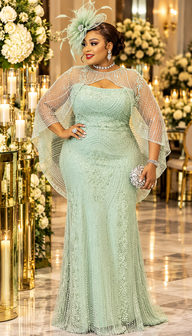 "Main Character Holiday Fashion" Green Fully Beaded Embellished Mermaid Evening Gown with Beaded Cape Overlay Mother of Bride Wedding Guest Reception Birthday Celebrant Luxury Turkish Plus Size Formal Cocktail Party Dress