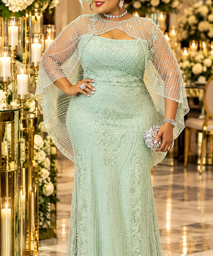 "Main Character Holiday Fashion" Blue Fully Beaded Embellished Mermaid Evening Gown with Beaded Cape Overlay Mother of The Bride Wedding Guest Reception Birthday Celebrant Luxury Plus Size Formal Cocktail Party Dress