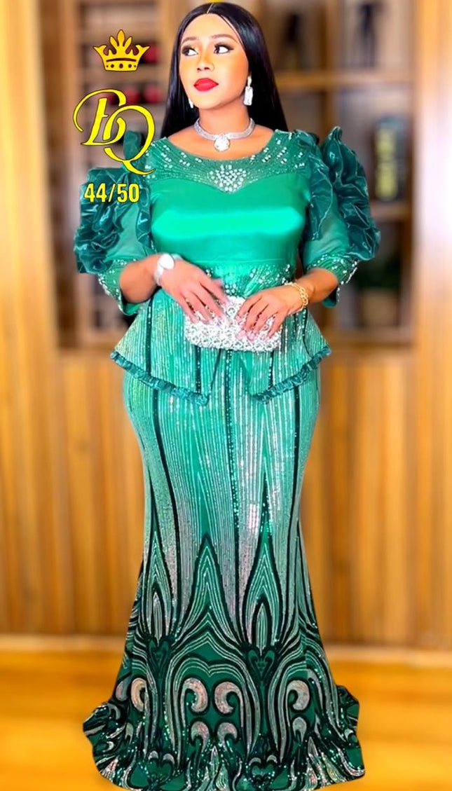 Dramatic Sleeve Sequin Peplum Maxi Dress | Wedding Guest Birthday Party Mother of The Bride