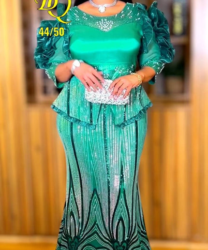 Dramatic Sleeve Sequin Peplum Maxi Dress | Wedding Guest Birthday Party Mother of The Bride