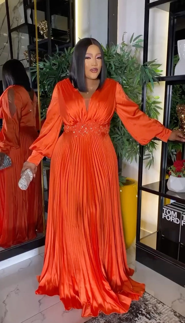 Pleated Slit Sleeves Rhinestone Maxi Dress