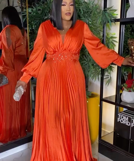 Pleated Slit Sleeves Rhinestone Maxi Dress