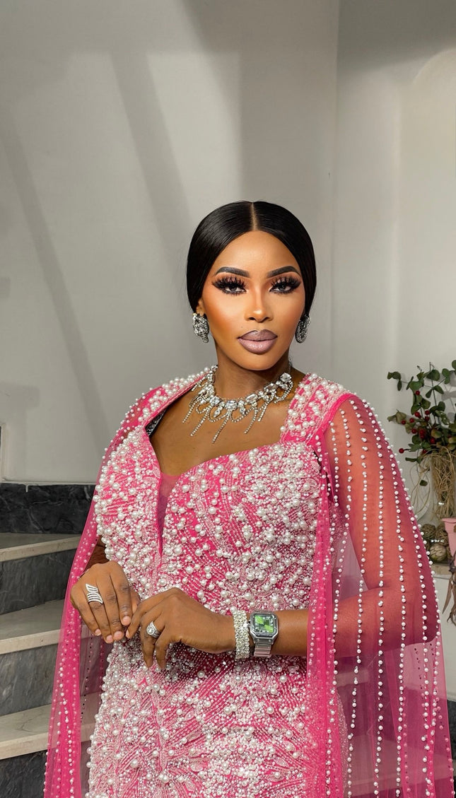 Pink Embellished Cape Sleeve Gown - Mother of The Groom Bridal Reception Anniversary Gala Engagement