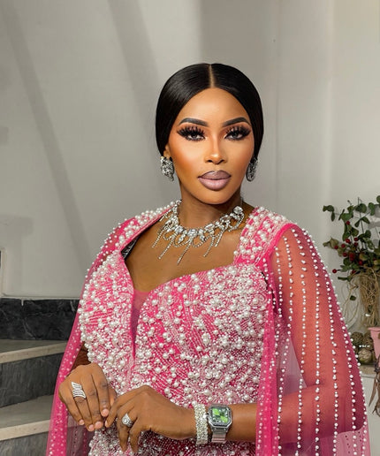 Pink Embellished Cape Sleeve Gown - Mother of The Groom Bridal Reception Anniversary Gala Engagement