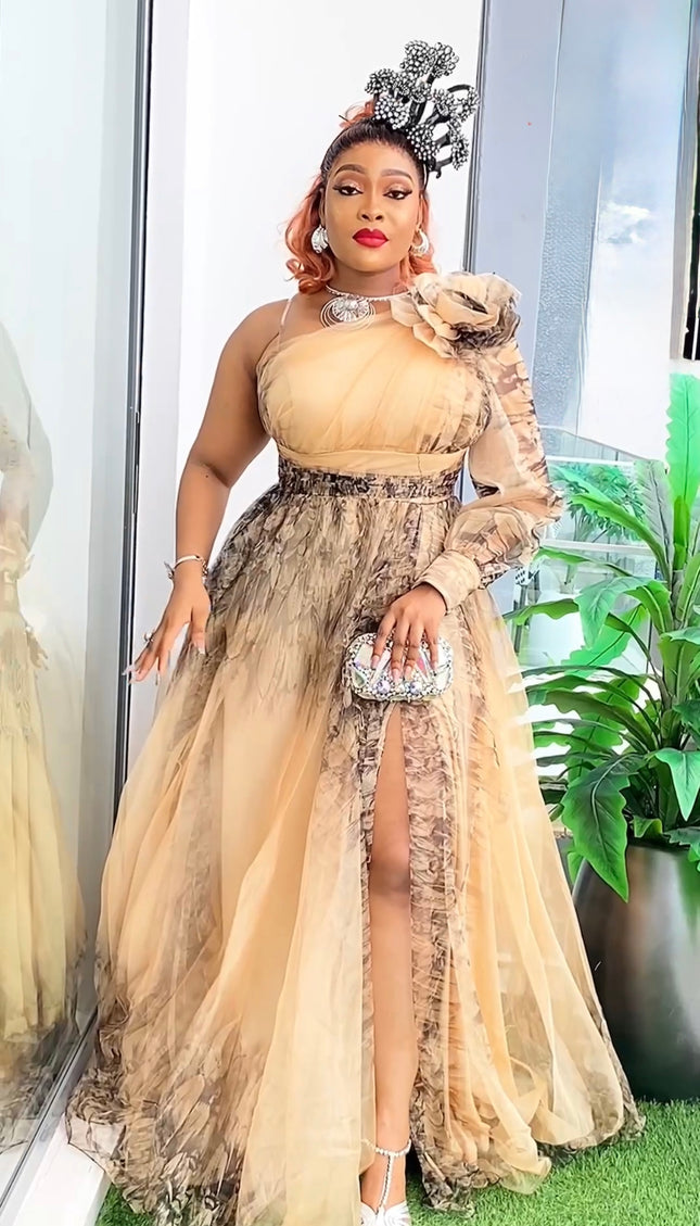 One Shoulder Tulle A-Line Maxi Gown with Slit, Mother of The Bride Plus Size Gold Wedding Guest Birthday Party Cocktail Gala