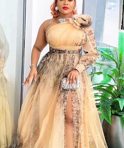 One Shoulder Tulle A-Line Maxi Gown with Slit, Mother of The Bride Plus Size Blue Summer Wedding Guest Gown Birthday Party Cocktail Gala