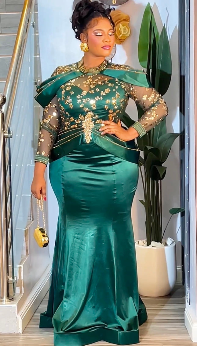 Green Embellished Long Sleeve Mermaid Gown - Formal Evening Dress Wedding Guest Mother of The Bride Birthday Dinner Party Cocktail Gala  Reception