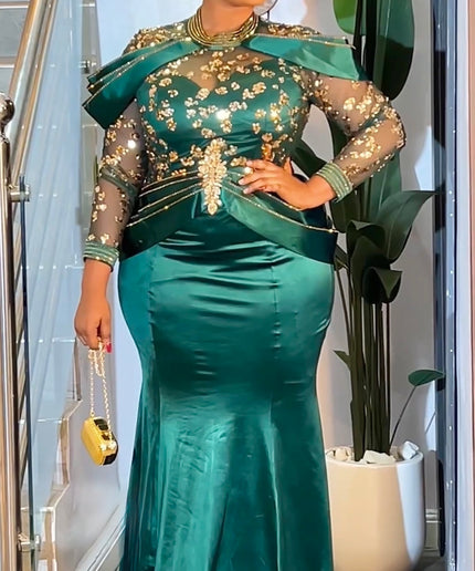 Green Embellished Long Sleeve Mermaid Gown - Formal Evening Dress Wedding Guest Mother of The Bride Birthday Dinner Party Cocktail Gala  Reception