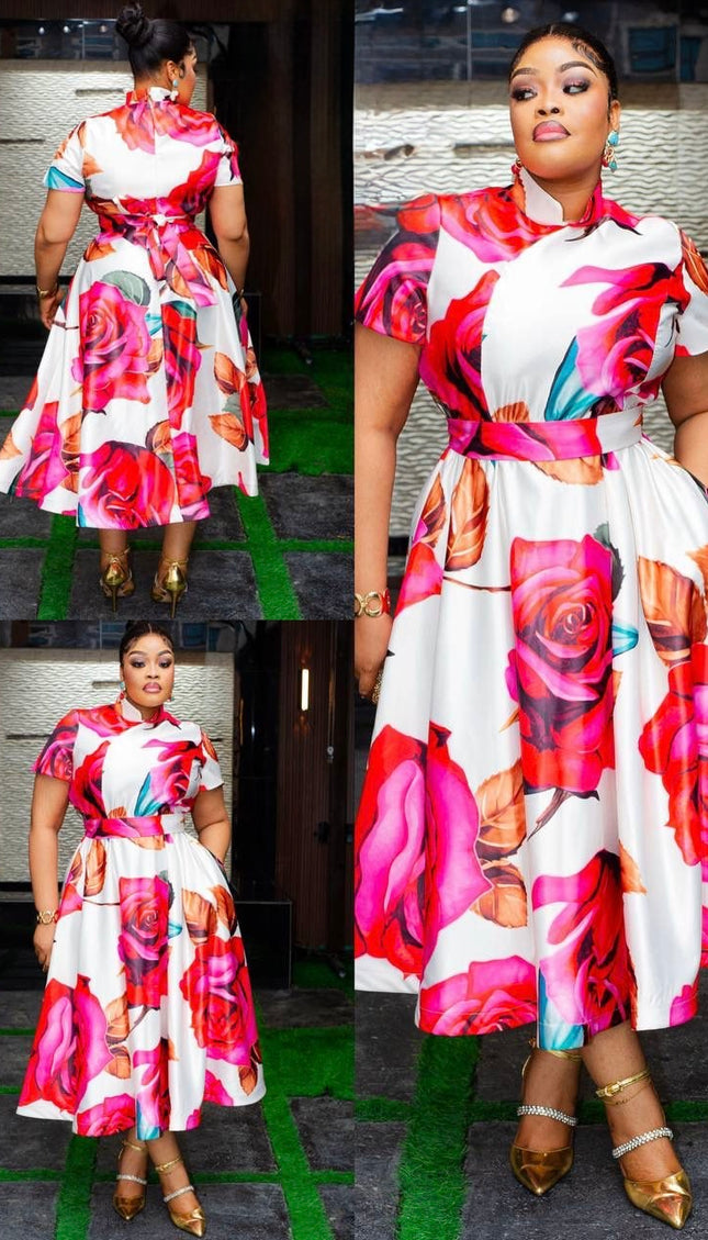 Pink Floral Skater Midi A-Line Dress for Cocktail Party Birthday Wedding Guest Dinner Reception Photoshoot