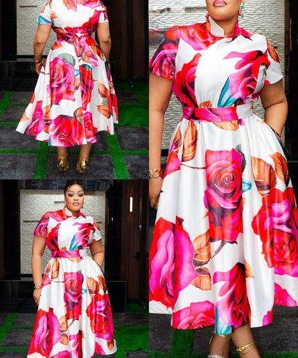Pink Floral Skater Midi A-Line Dress for Cocktail Party Birthday Wedding Guest Dinner Reception Photoshoot