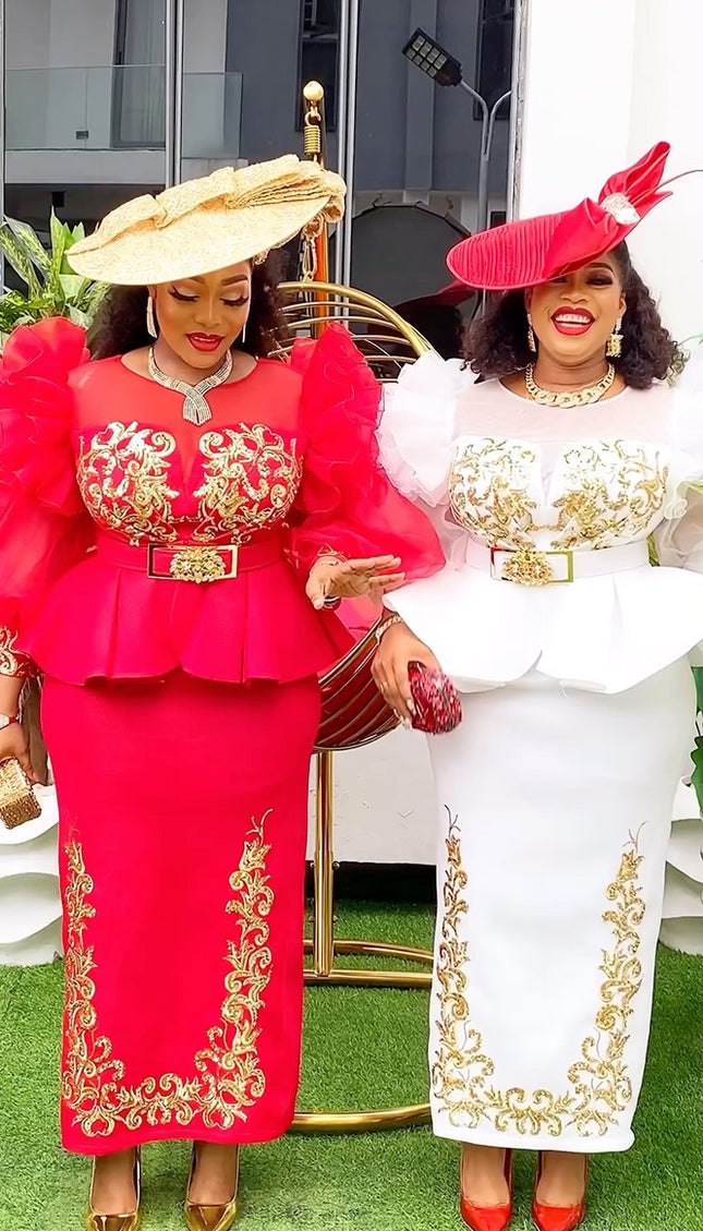Embroidered Peplum Blouse and Skirt Set