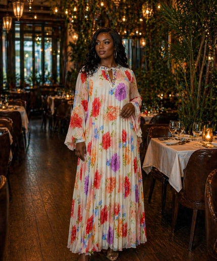 Orange Floral Embellished Neckline Pleated Twirl Skater Maxi Dress for Wedding Guest Mother of The Bride Birthday Photoshoot Cocktail Outfit