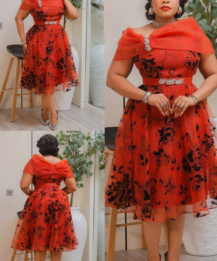 Red Off-Shoulder Rhinestone Embellished Twirl Skater Midi Dress Wedding Guest Cocktail Party Dinner Birthday Church Gala Anniversary
