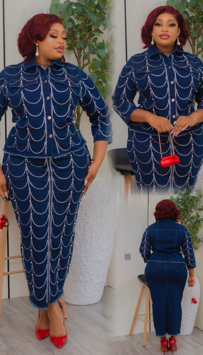 Denim & Diamonds 2-Piece Set, Birthday Party Outfit, Curvy Stretch Rhinestone Top & Skirt