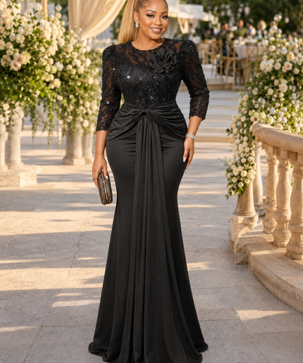 Glamorous Yellow Sequin Embellished 3D Flower Ruched Draped Maxi Dress for Wedding Guest Birthday Party Mother of The Bride Outfit Cocktail Reception Formal Evening Gown Turkish Womenswear