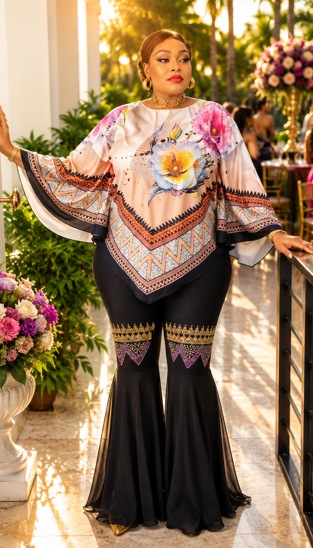Orange Floral Rhinestone Kaftan Top & Black Bell Bottom Pants Curvy 2-Piece Set Birthday Dinner Cocktail Wedding Guest Party Outfit