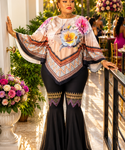 Dressed in Pink Floral Rhinestone Kaftan Top & Black Bell Bottom Pants Curvy Two-Piece Set Birthday Dinner Cocktail Reception Wedding Guest Party Outfit