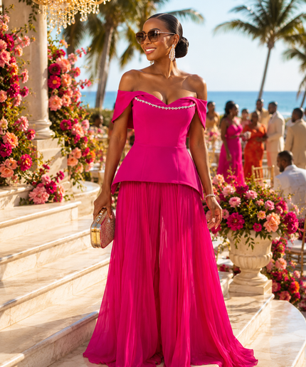 Turn Heads White Off-The-Shoulder Crystal-Embellished Pleated Wide-Leg Jumpsuit