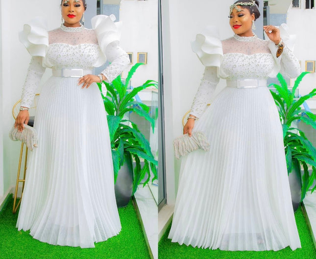 White Ruffle Sleeve Embellished Maxi Gown