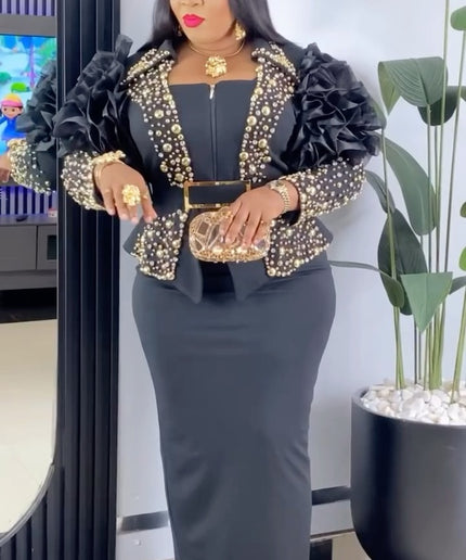Dramatic Ruffle Sleeve Embellished Top and Skirt