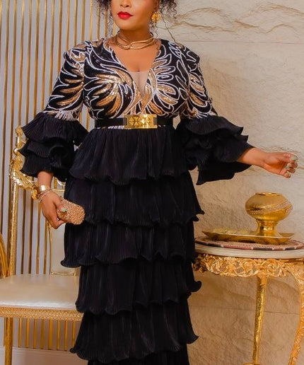 White and Gold Sequin Party Dress, Tiered Waterfall Ruffles Long Maxi Plus Size Mother of The Bride Gown, Cocktail Graduation Dinner Gala