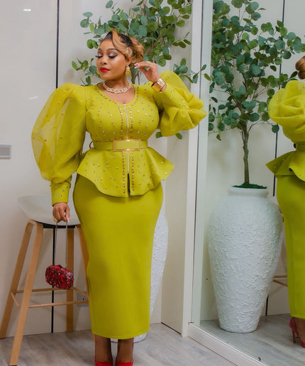 Gold Puff Sleeve Embellished Peplum Top and Skirt - Wedding Guest Birthday Dinner Mother of The Bride