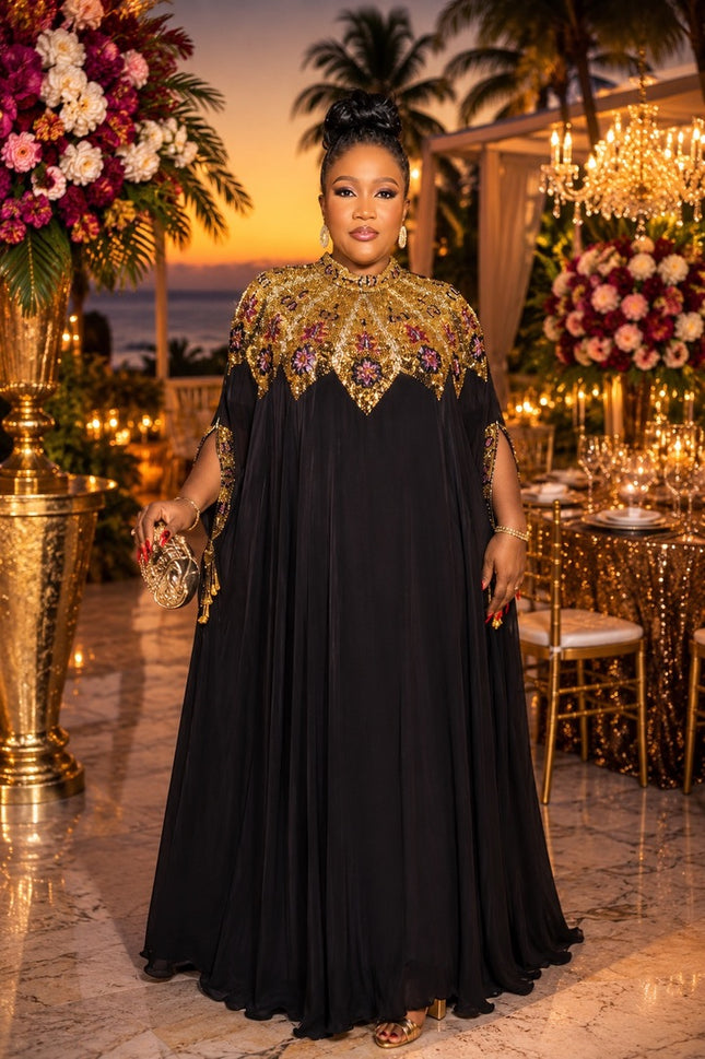 "Talk of The Party" Black Beaded Chiffon Kaftan Maxi Dress, Long Formal Evening Gown for Wedding Guest Mother of The Bride Gala Anniversary Cocktail Party 2-Piece Outfit