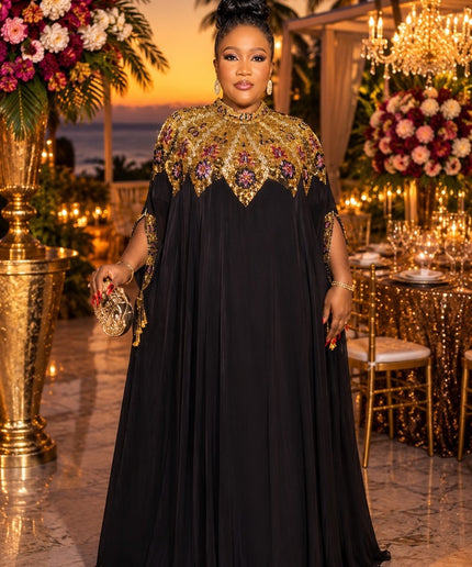 "Talk of The Party" Black Beaded Chiffon Kaftan Maxi Dress, Long Formal Evening Gown for Wedding Guest Mother of The Bride Gala Anniversary Cocktail Party 2-Piece Outfit