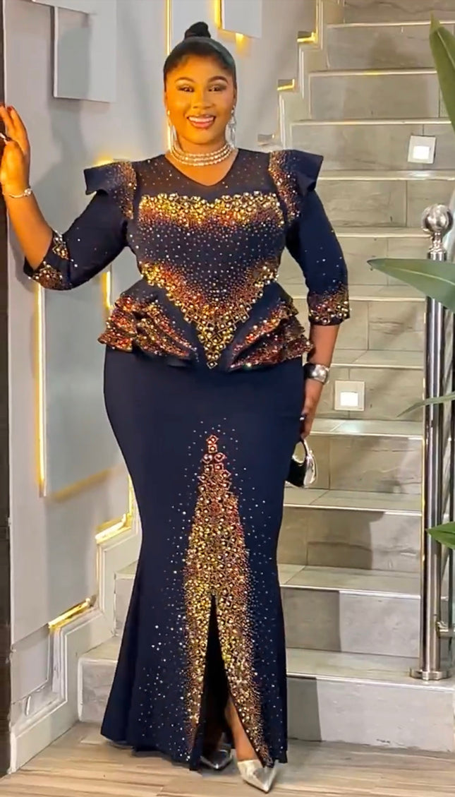 Sparkly Black Rhinestone Embellished Peplum Maxi Dress: Mother of The Bride Wedding Guest Birthday Party Cocktail