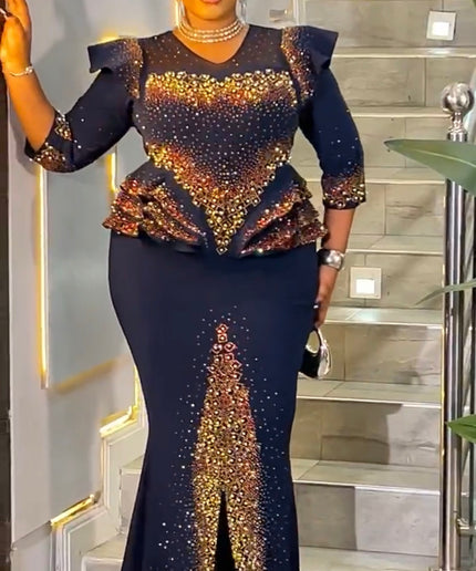 Sparkly Black Rhinestone Embellished Peplum Maxi Dress: Mother of The Bride Wedding Guest Birthday Party Cocktail