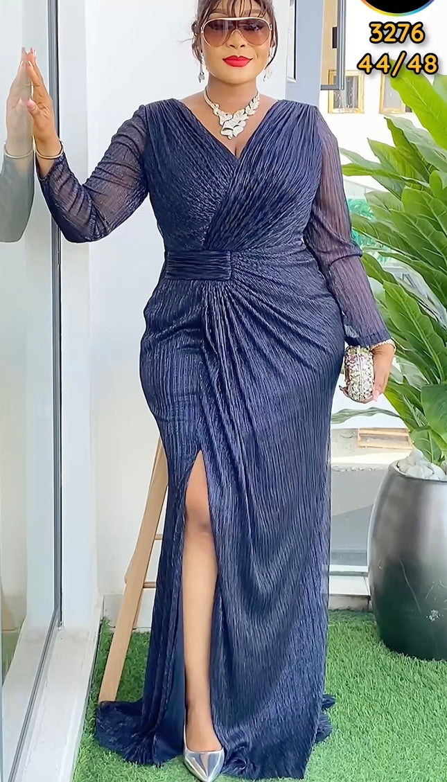Gold Long Sleeve Sexy Side Slit Evening Gown | Wedding Guest Mother of The Bride Birthday Party