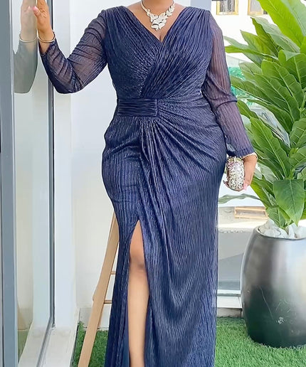 Gold Long Sleeve Sexy Side Slit Evening Gown | Wedding Guest Mother of The Bride Birthday Party