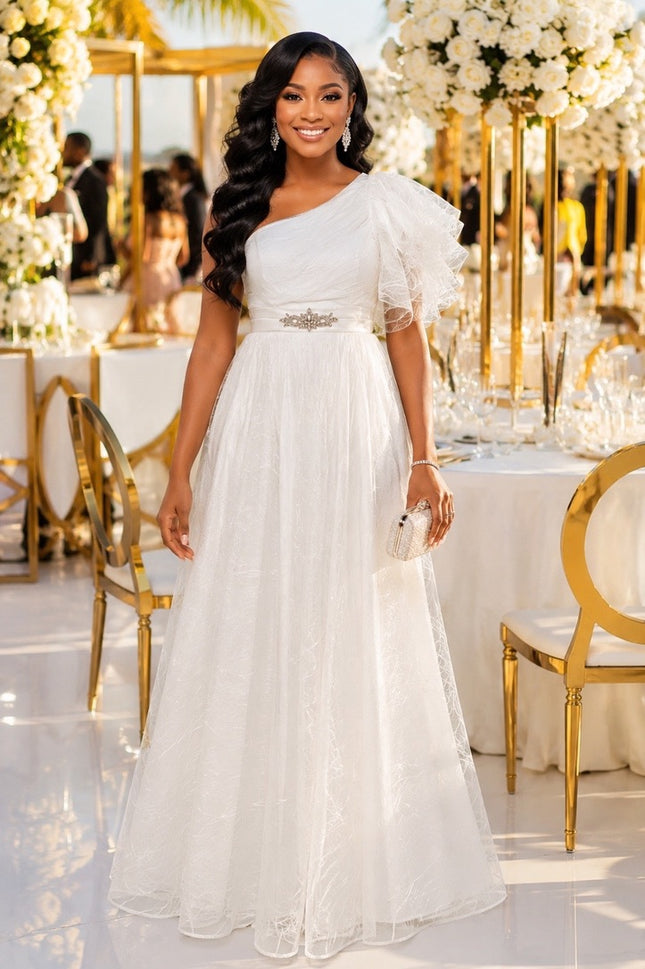 Elegant White One-Shoulder Embellished Ruffle Sleeve Twirl Maxi Dress Summer Wedding Guest Birthday Party Cocktail Reception Gala