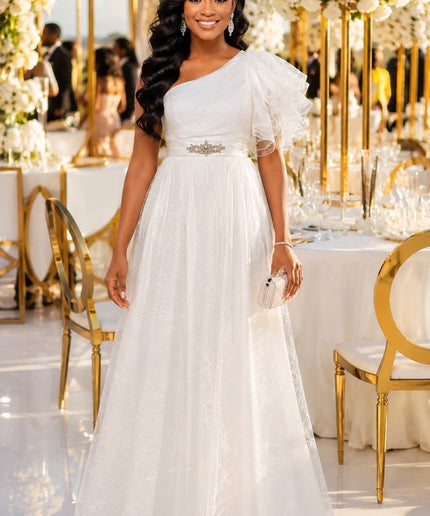 Elegant White One-Shoulder Embellished Ruffle Sleeve Twirl Maxi Dress Summer Wedding Guest Birthday Party Cocktail Reception Gala