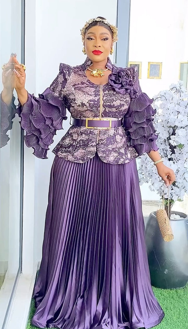 Ruffle Sleeve Pleated A-Line Gown | Mother of The Bride Wedding Guest Birthday Party