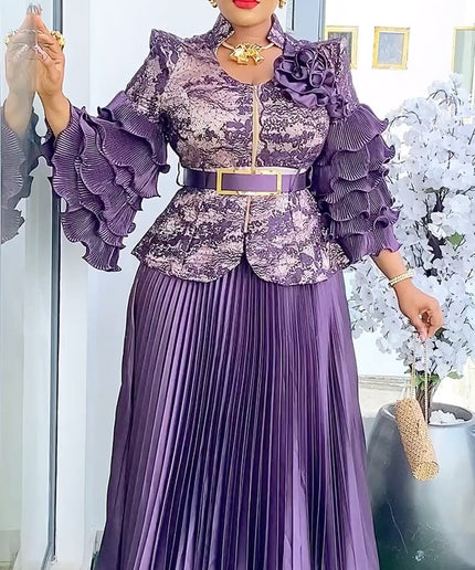 Ruffle Sleeve Pleated A-Line Gown | Mother of The Bride Wedding Guest Birthday Party