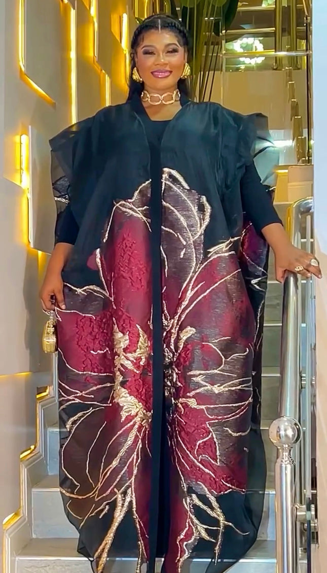 Black Kaftan Brocade Maxi Dress 2-Piece Set