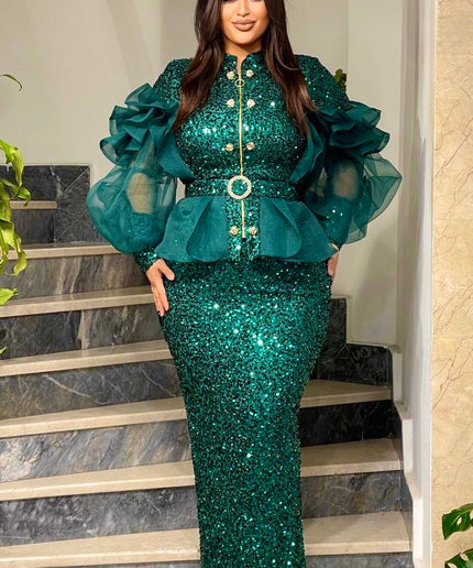 Blue Sequin Wedding Guest Dress Ruffles Peplum, Plus Size Mother of The Bride Evening Wear