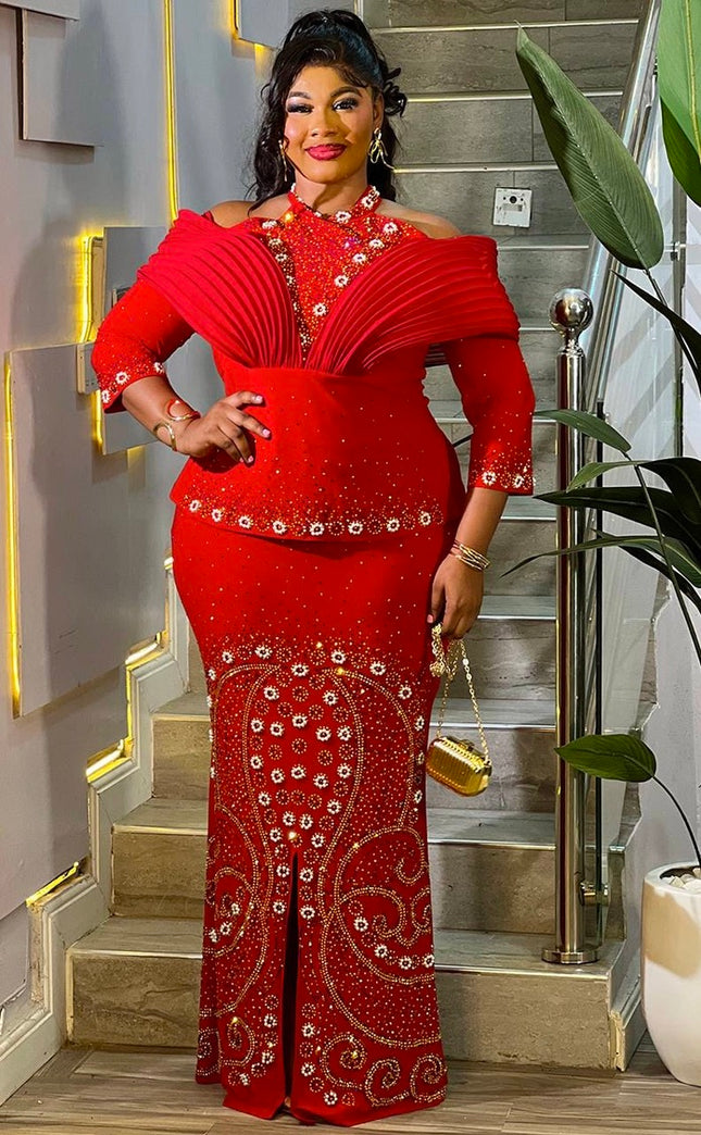 Red Off-The-Shoulder Structured Embellished Maxi Dress for Party Wedding Birthday Cocktail Gala Mother of The Bride Photoshoot