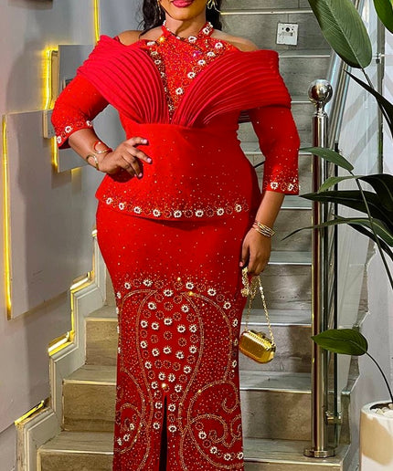 Red Off-The-Shoulder Structured Embellished Maxi Dress for Party Wedding Birthday Cocktail Gala Mother of The Bride Photoshoot