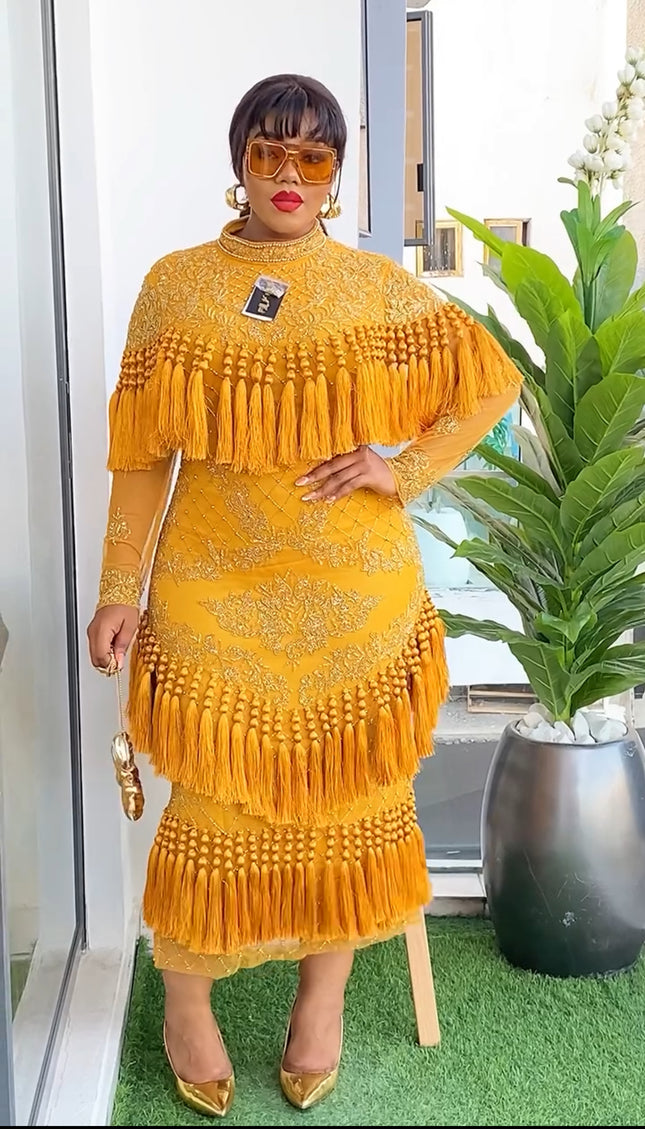 Fringe Tassel Beaded Embroidery Maxi Dress | Mother of The Bride Celebrant Birthday Party Photoshoot Graduation
