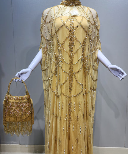 Gold Embellished Kaftan Dress, Nigerian Wedding Guest Dress Beaded African Bubu Mother of The Bride Outfit, One Size