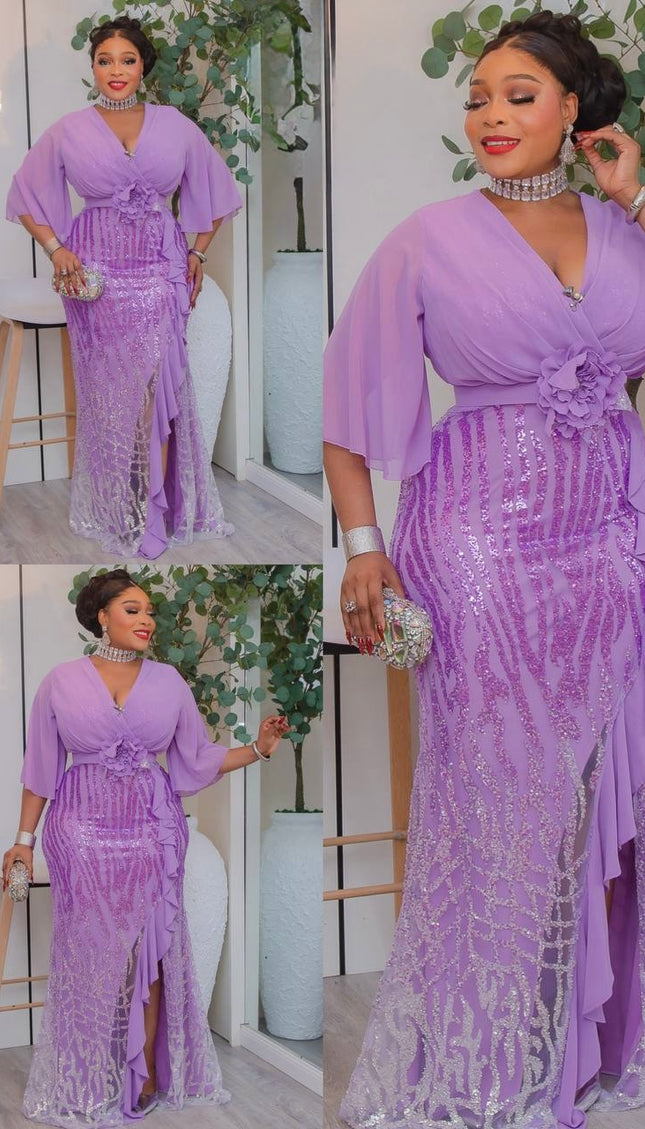 Pink Sequin Ruffled Slit Maxi Dress