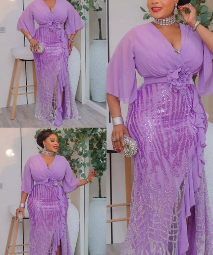 Black Sequin Ruffled Slit Maxi Dress